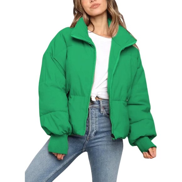 Women's Puffer Jacket Oversized Cropped Puffy Quilted Jackets Coat Emerald - Picture 1 of 5